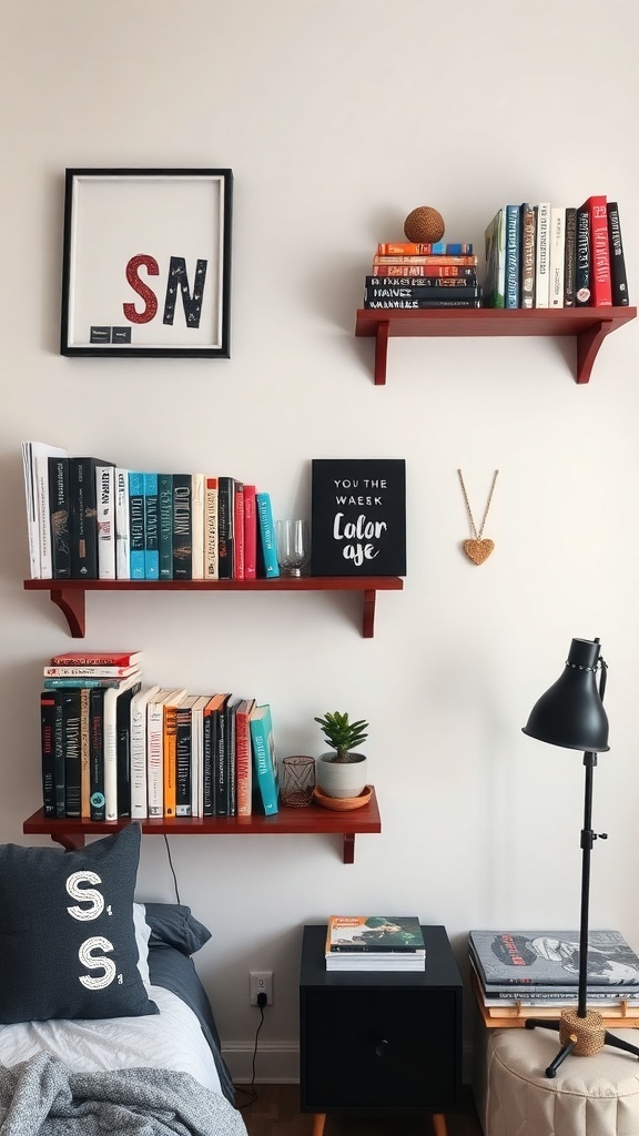 A cozy dorm room corner with wall-mounted shelves displaying books and decor.