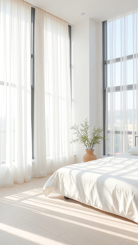 A bright minimalist bedroom with large windows, sheer curtains, and a simple bed.