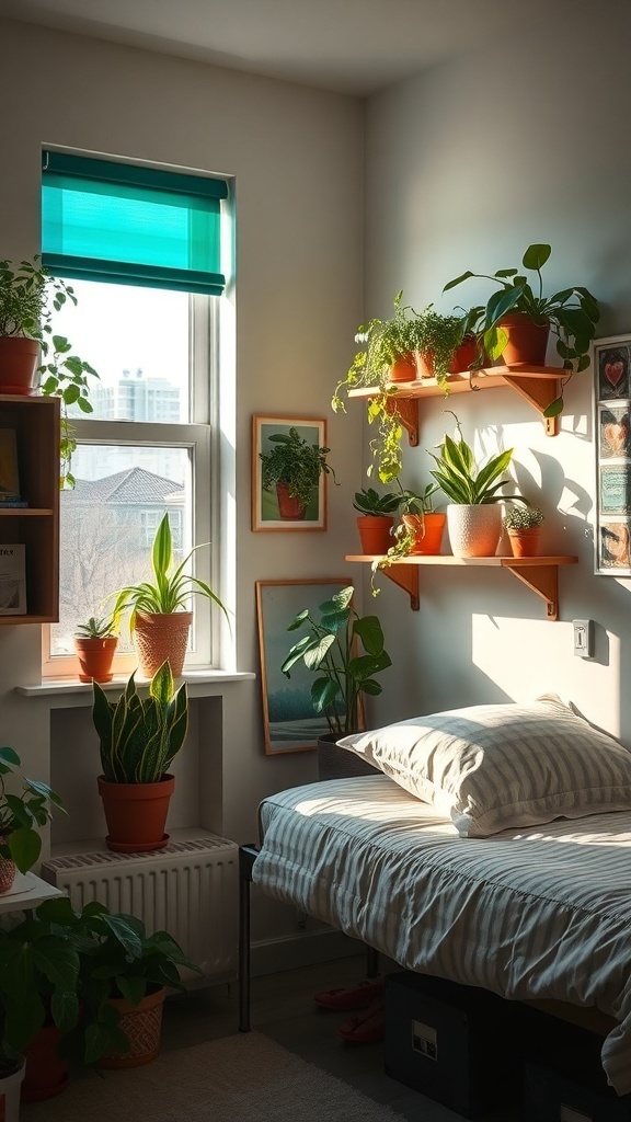 A bright dorm room with various indoor plants on shelves and around the bed, creating a fresh and inviting atmosphere.