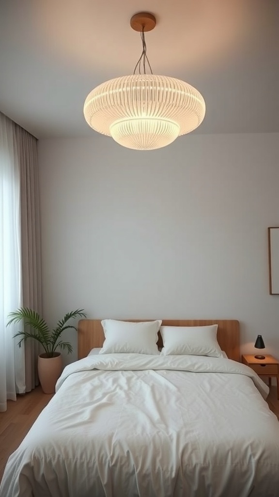 A minimalist bedroom featuring a unique statement lighting fixture above a neatly made bed.
