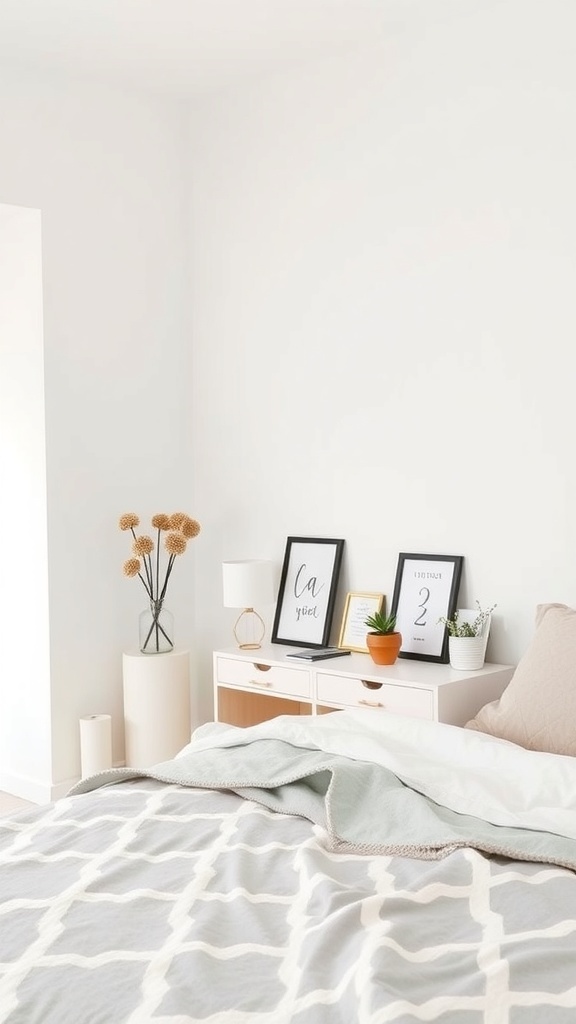 A minimalist bedroom featuring a bed with a patterned blanket, a nightstand with framed art, a lamp, and a potted plant.