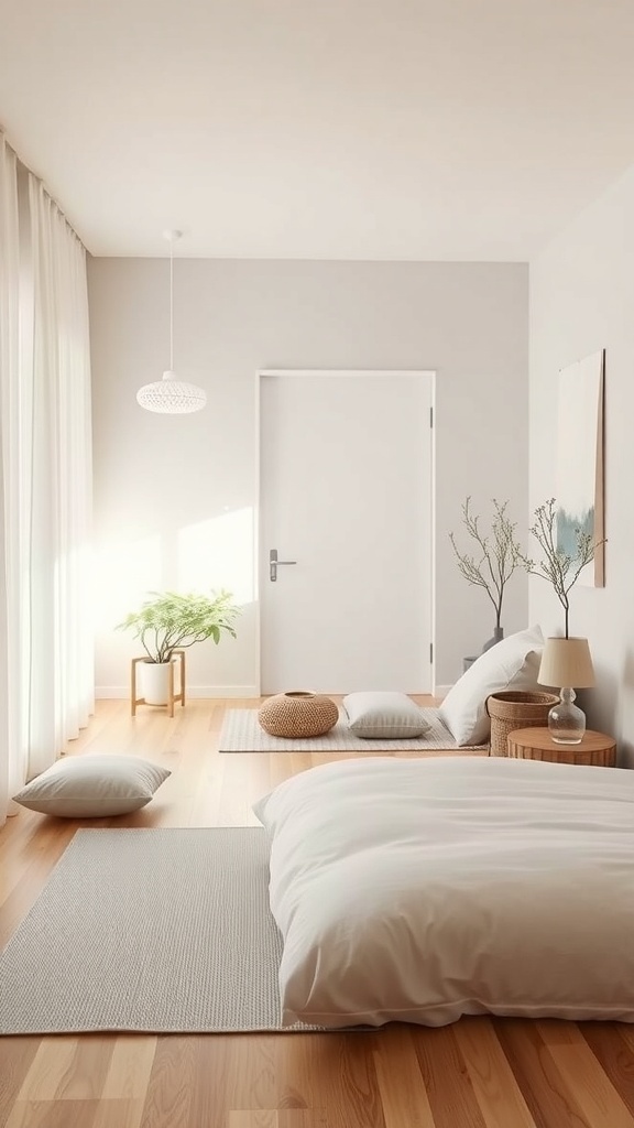 A minimalist bedroom with soft colors, natural materials, and a calming atmosphere.