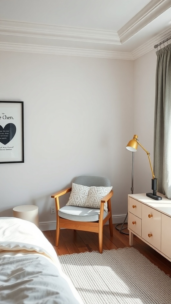 A cozy reading nook featuring a minimalist chair, a side table, and warm lighting.