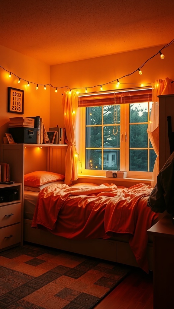 A cozy dorm room with string lights overhead, illuminating the bed and window.