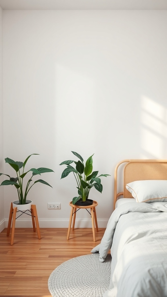 Minimalist bedroom with two indoor plants on stands beside a bed.