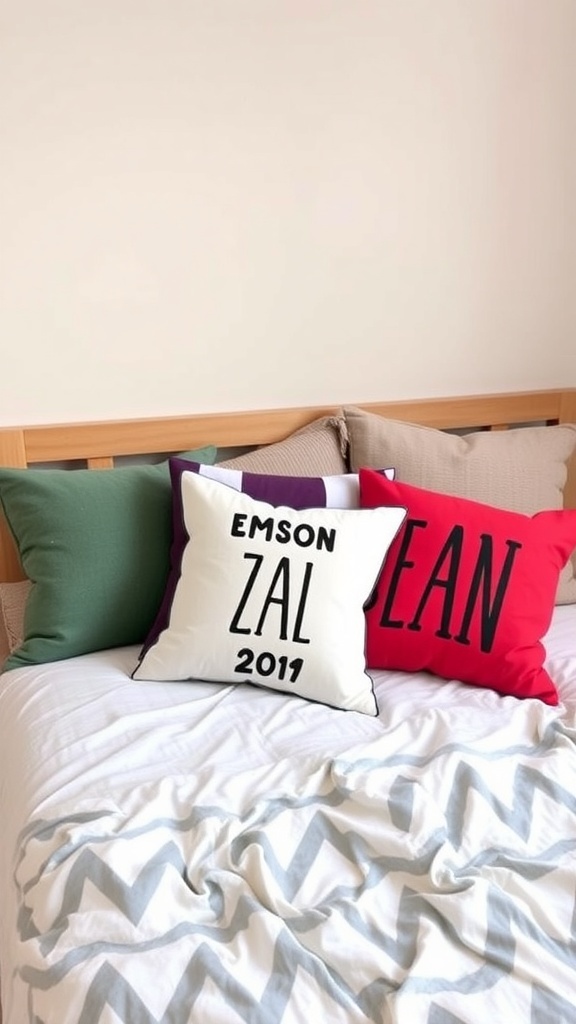 A cozy bed with colorful personalized throw pillows.