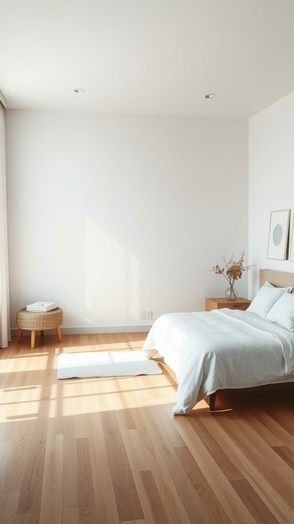 A minimalist bedroom featuring sleek wooden flooring, a bed with white bedding, and a simple decor.