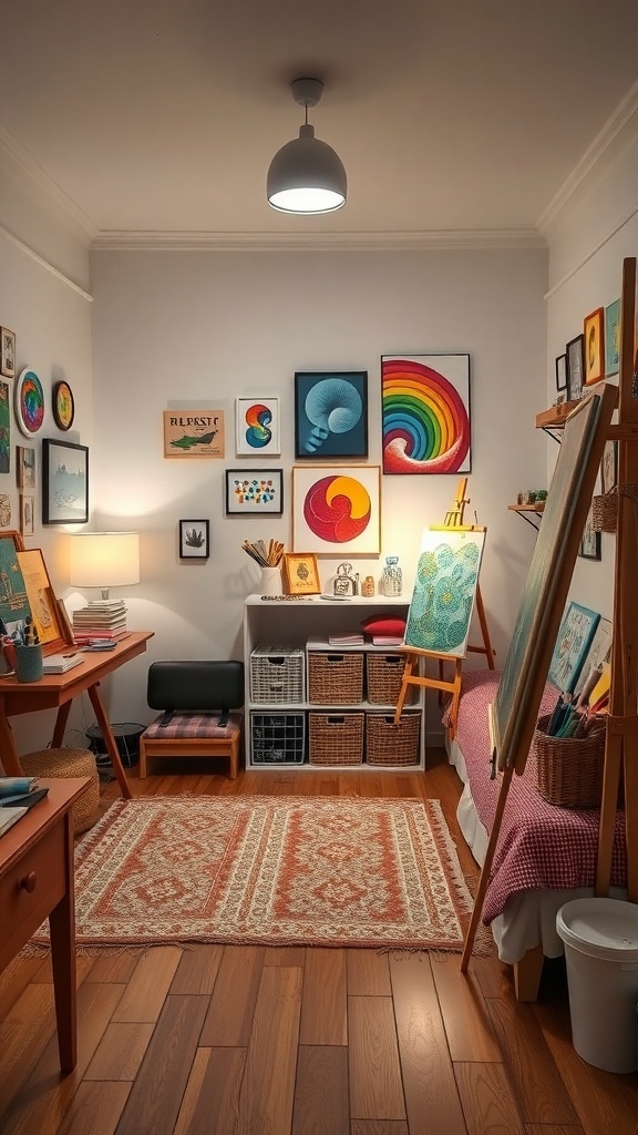 A cozy art studio space in a small girl's bedroom featuring colorful artwork, an easel, and organized storage.