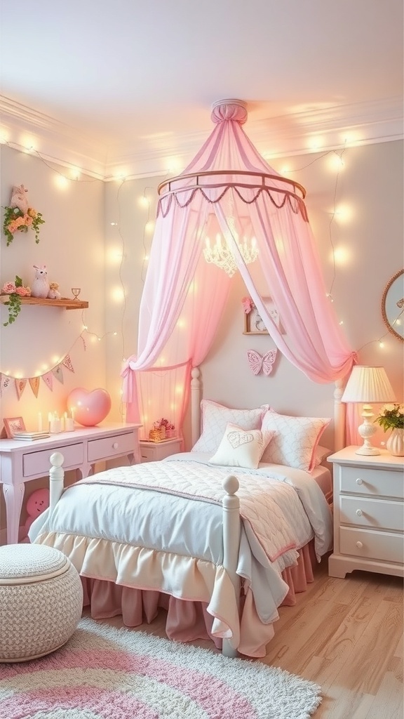 A small girl's bedroom with a whimsical fairy tale theme, featuring a pink canopy bed, fairy lights, and charming decor.