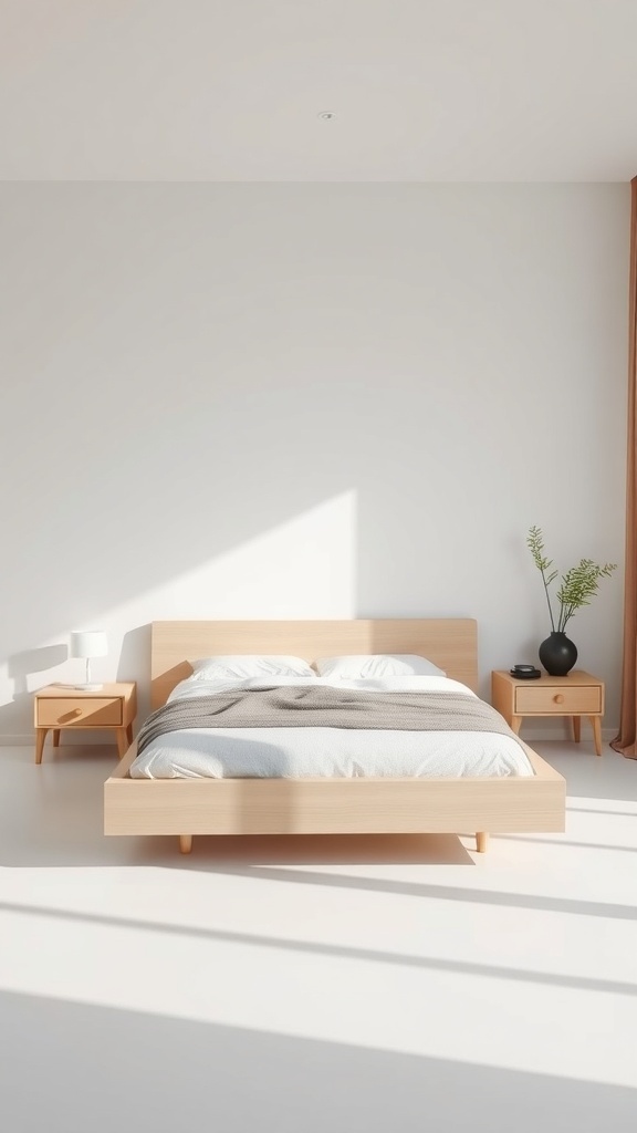 Minimalist bedroom featuring a light wood bed and matching nightstands with simple decor.