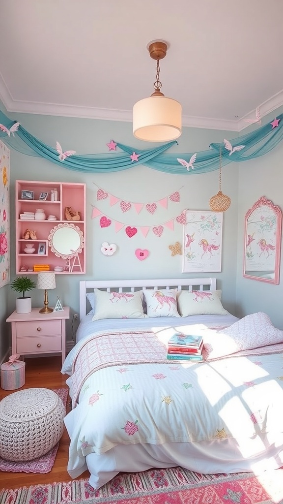 A small girl's bedroom decorated in a unicorn theme with pastel colors, unicorn pillows, and playful wall art.
