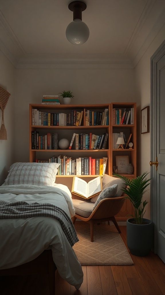 Cozy reading nook with a chair, bookshelf, and plant in a small girl's bedroom