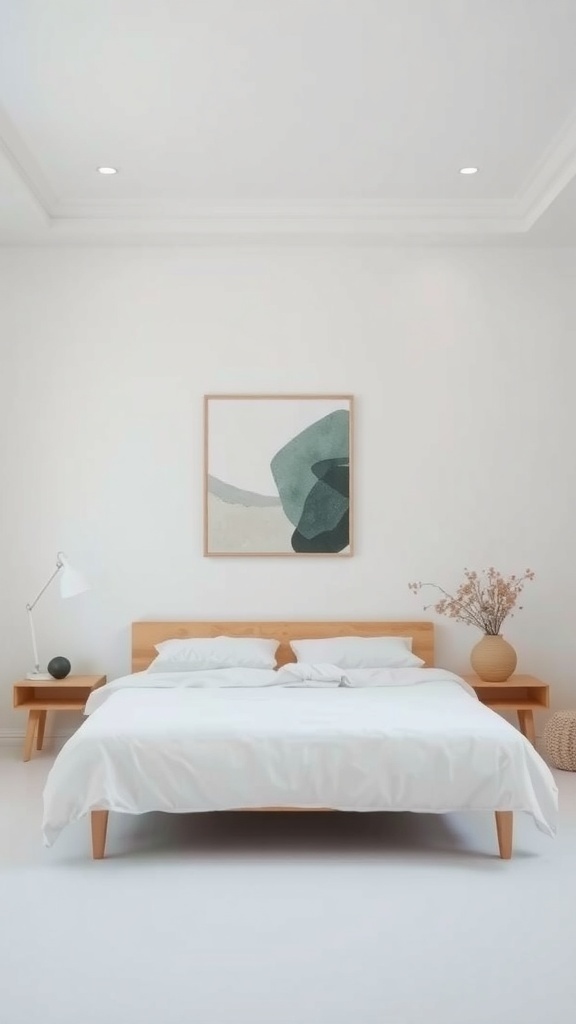 Minimalist bedroom with a neutral color palette featuring a wooden bed, white linens, and abstract art.