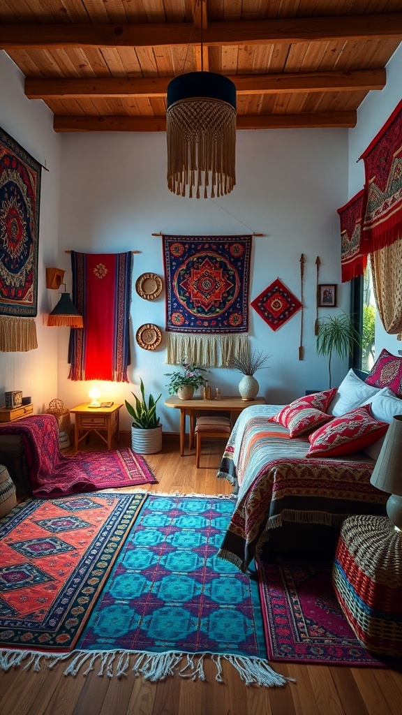 A colorful bohemian-themed girl's bedroom with vibrant rugs, tapestries, and natural elements.