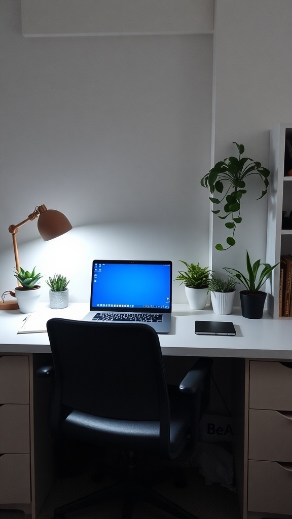 A minimalist desk setup featuring a laptop, plants, and a lamp.