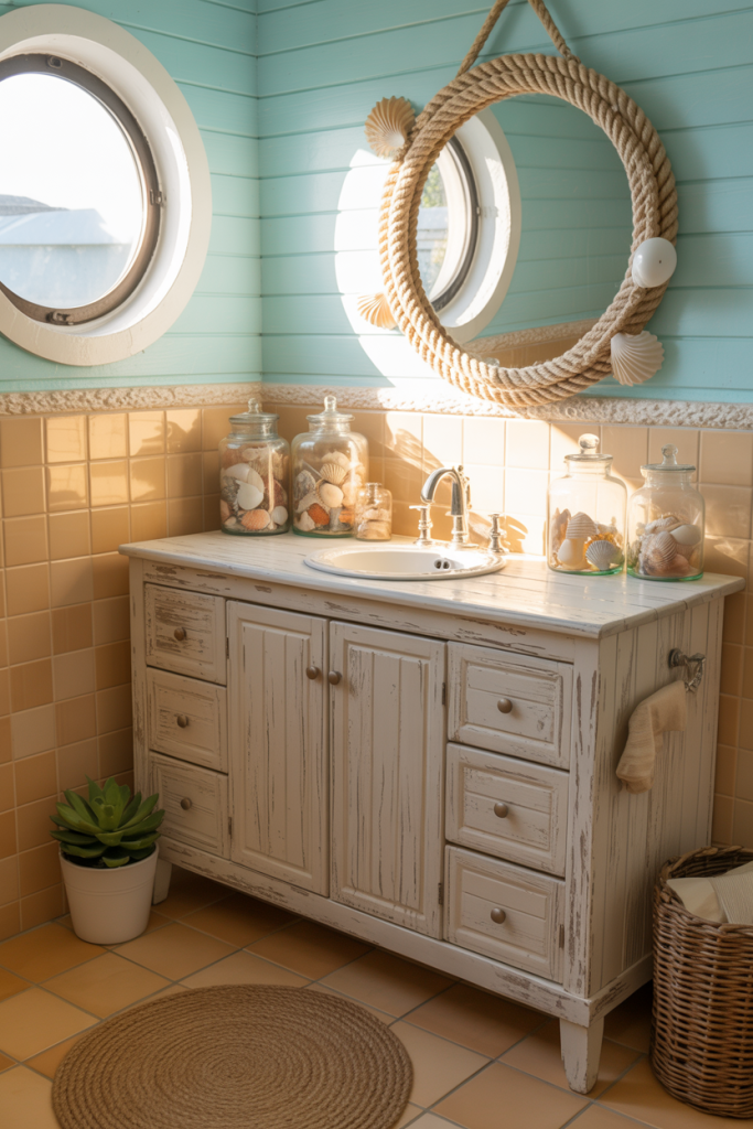 A coastal-themed bathroom with round porthole windows, pastel aqua and cream tiles, a distressed white vanity, a rope-framed mirror, jars of seashells, a small potted plant, and a woven rug on the tiled floor.