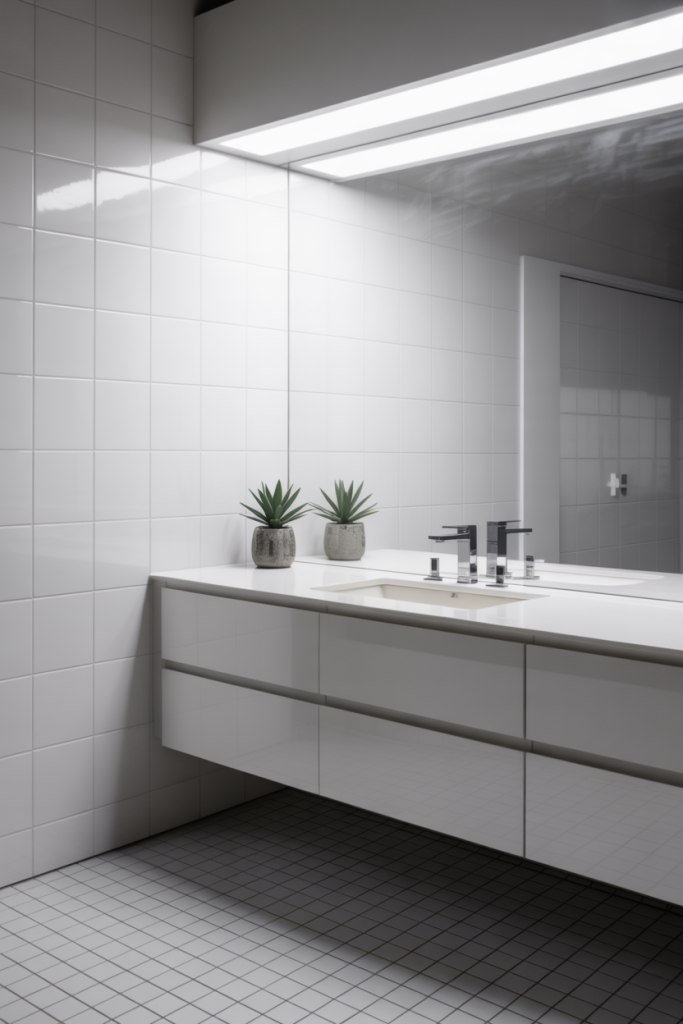 A modern bathroom with white tiled walls and floor, featuring a floating white vanity, a rectangular sink, sleek chrome faucet, and two small potted succulents for decoration, all under a large illuminated mirror.