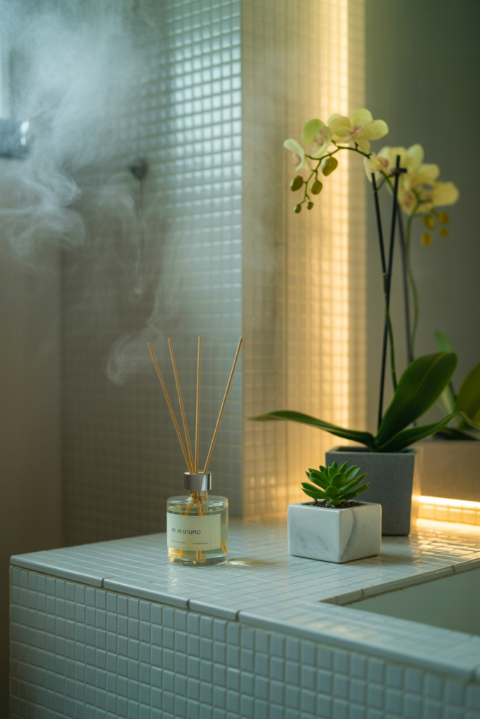 A glass reed diffuser, a potted orchid, and a small succulent on a white tiled bathroom counter, softly lit with warm light, with aromatic vapor visible in the air.
