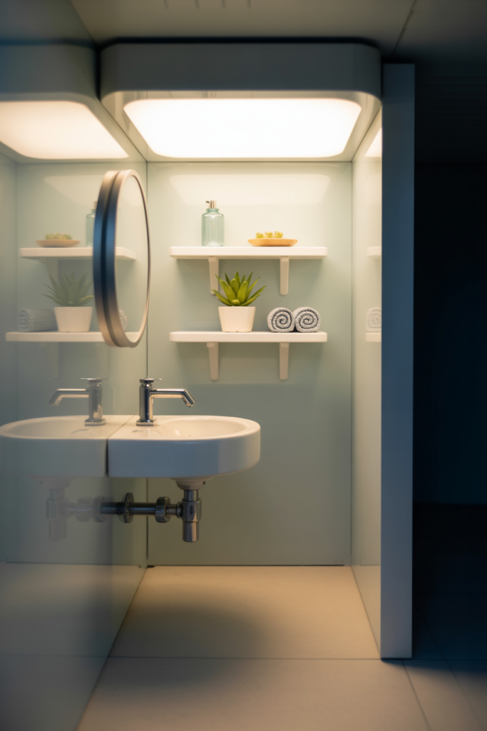 A modern bathroom with a round mirror above a white sink, two wall-mounted shelves holding potted plants, toiletries, and rolled towels, all softly lit by overhead lights.