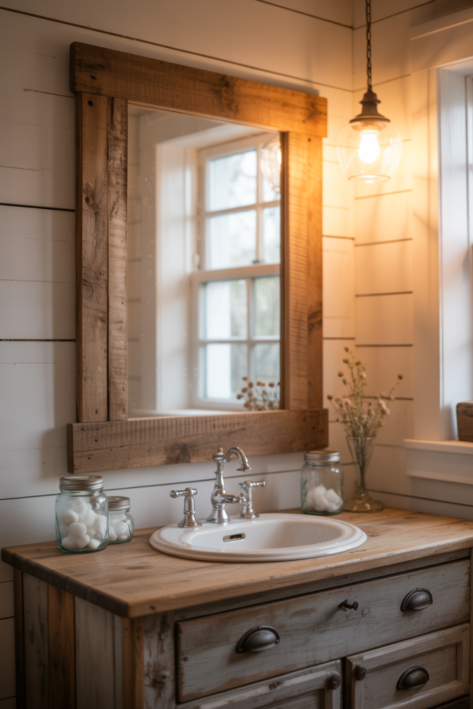 A rustic bathroom features a wooden vanity with a white sink, a large wooden-framed mirror, jars of cotton balls, a vase with dried flowers, and a hanging pendant light beside a window.