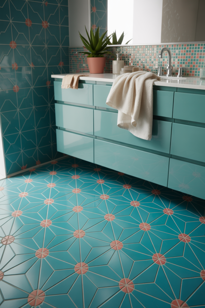 A modern bathroom with teal cabinets, geometric teal and pink patterned tiles on the floor and wall, a white sink, mosaic backsplash, a potted plant, and white towels hanging from the countertop.