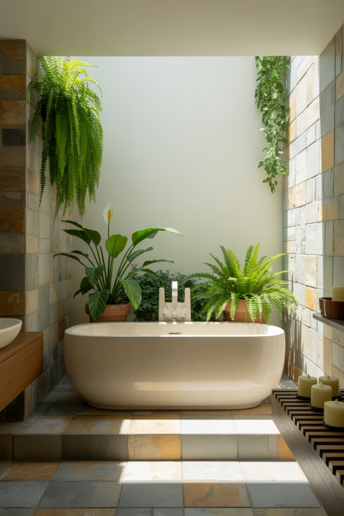 A modern bathroom with a white freestanding bathtub, surrounded by potted green plants and ferns, natural stone tiles, and soft, natural light streaming from above. Candles and a wooden bench add a relaxing touch.