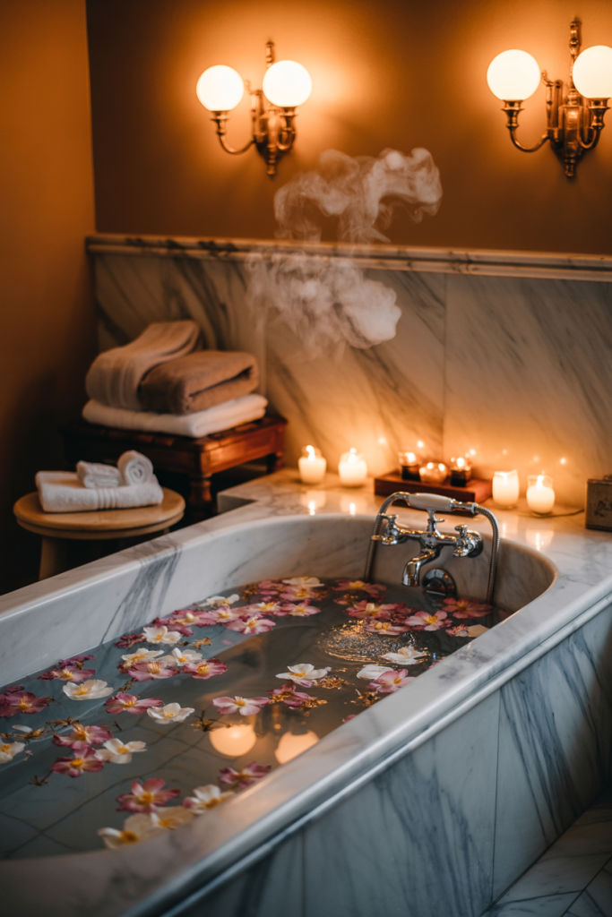 A marble bathtub filled with water, floating flower petals, and steam rising, surrounded by lit candles, towels, and warm lighting, creating a relaxing, spa-like atmosphere.