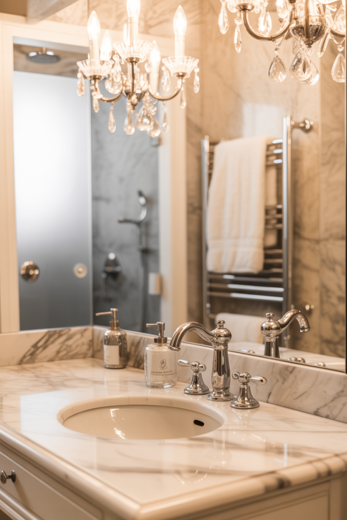 Elegant bathroom with marble countertop and sink, chrome fixtures, chandelier lighting, a towel rack with white towels, and a frosted glass shower door in the background. Liquid soap dispenser sits by the sink.