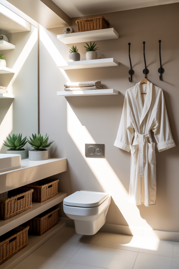 A modern bathroom with floating shelves holding towels, baskets, and potted plants. A white robe hangs on black hooks beside a wall-mounted toilet. Sunlight streams in, creating a bright and inviting atmosphere.