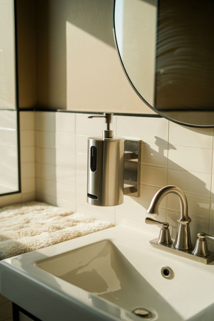 Modern bathroom sink area with a silver faucet, a wall-mounted stainless steel soap dispenser, a beige towel on the counter, and white subway tile backsplash, all lit by natural sunlight from a nearby window.
