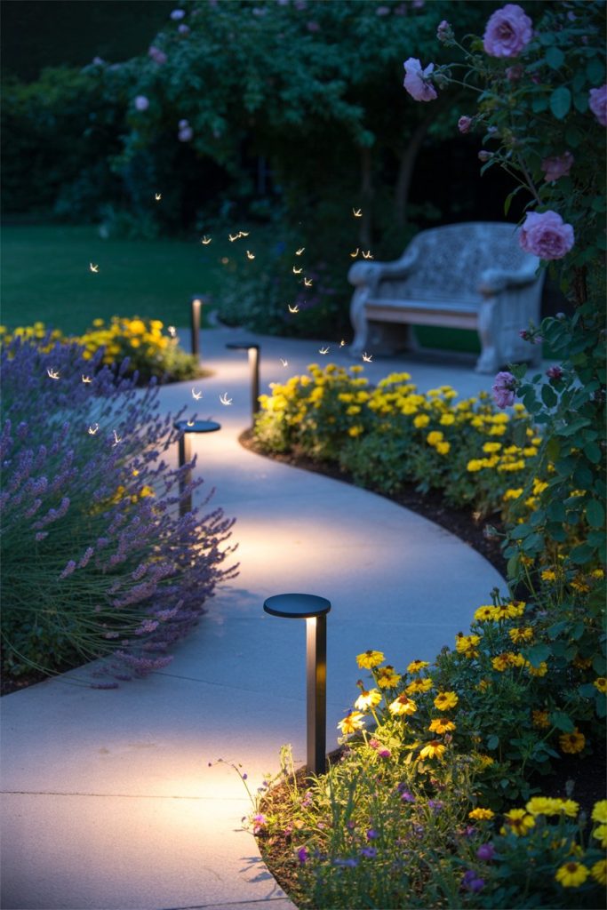 A winding garden path lit by small ground lights, lined with blooming yellow and purple flowers, leads to a stone bench under a rose arbor. Fireflies or glowing insects hover above the illuminated walkway.