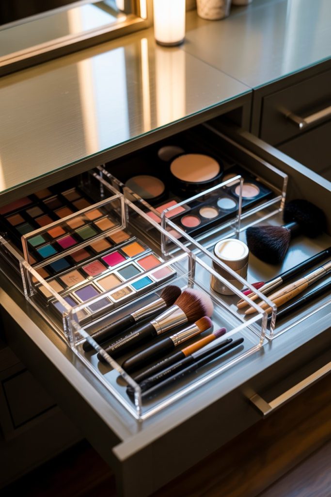 An open drawer neatly organized with makeup products, including colorful eyeshadow palettes, blush, face powder, makeup brushes, and other cosmetics in clear acrylic dividers.