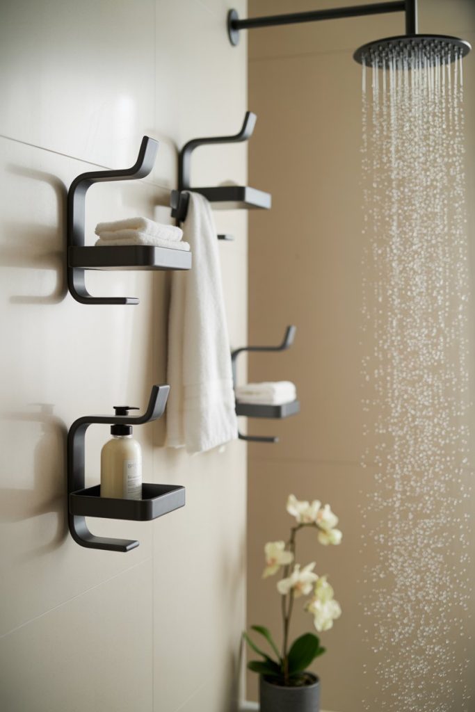 A modern shower with black wall-mounted shelves holding towels and toiletries, a rainfall showerhead with water running, and a potted orchid on the floor.