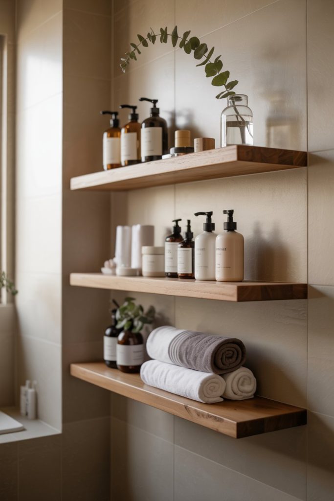 Three wooden shelves in a bathroom display bottles, jars, rolled white and gray towels, a glass vase with greenery, and neatly arranged toiletries against a tiled wall. Natural light enters from the side.