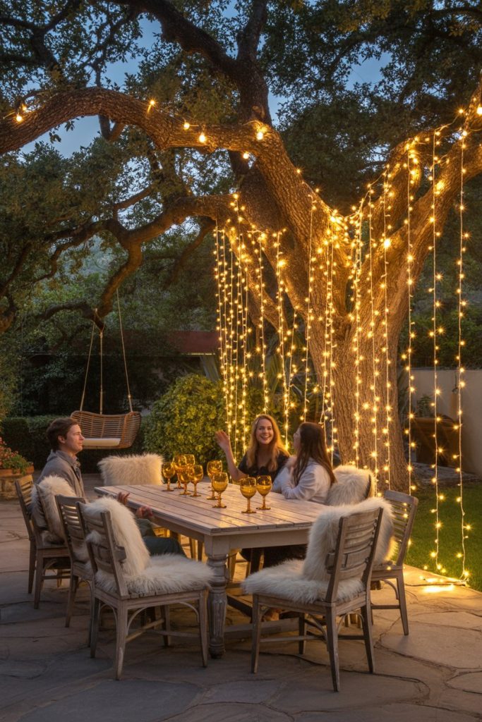 Four people sit around an outdoor table with fur-covered chairs, under trees adorned with hanging string lights, creating a warm, cozy evening atmosphere. A swing hangs in the background.