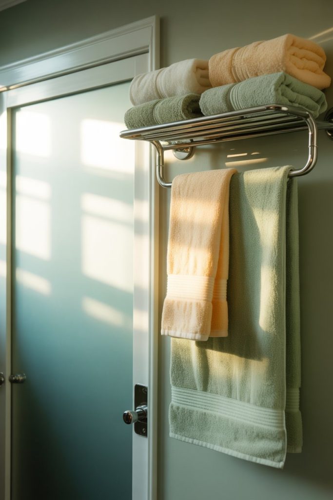 Soft sunlight shines on a bathroom wall with a metal rack holding neatly folded and hanging green and cream towels above a door with frosted glass.