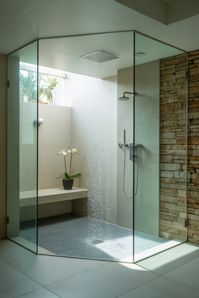 A modern glass-enclosed shower with a rainfall showerhead, wall-mounted controls, a bench, a potted orchid, and a stone accent wall. Sunlight enters through a window, creating a bright, spa-like atmosphere.