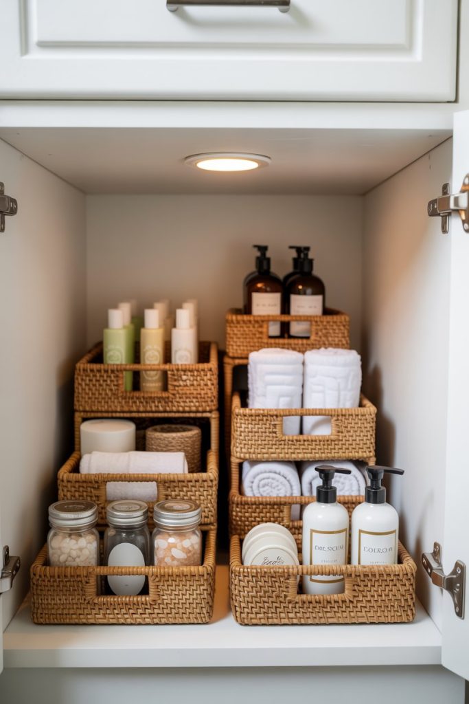 A neatly organized bathroom cabinet with wicker baskets holding towels, jars, bottles, and toiletries, all arranged on white shelves under a spotlight.