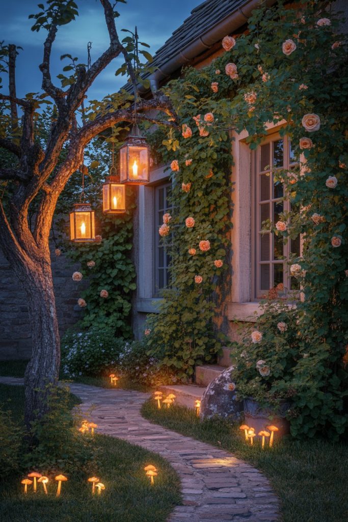 A stone path curves toward a house covered in flowering vines. Hanging lanterns and glowing lights along the path and under a tree create a magical, warm atmosphere at dusk.