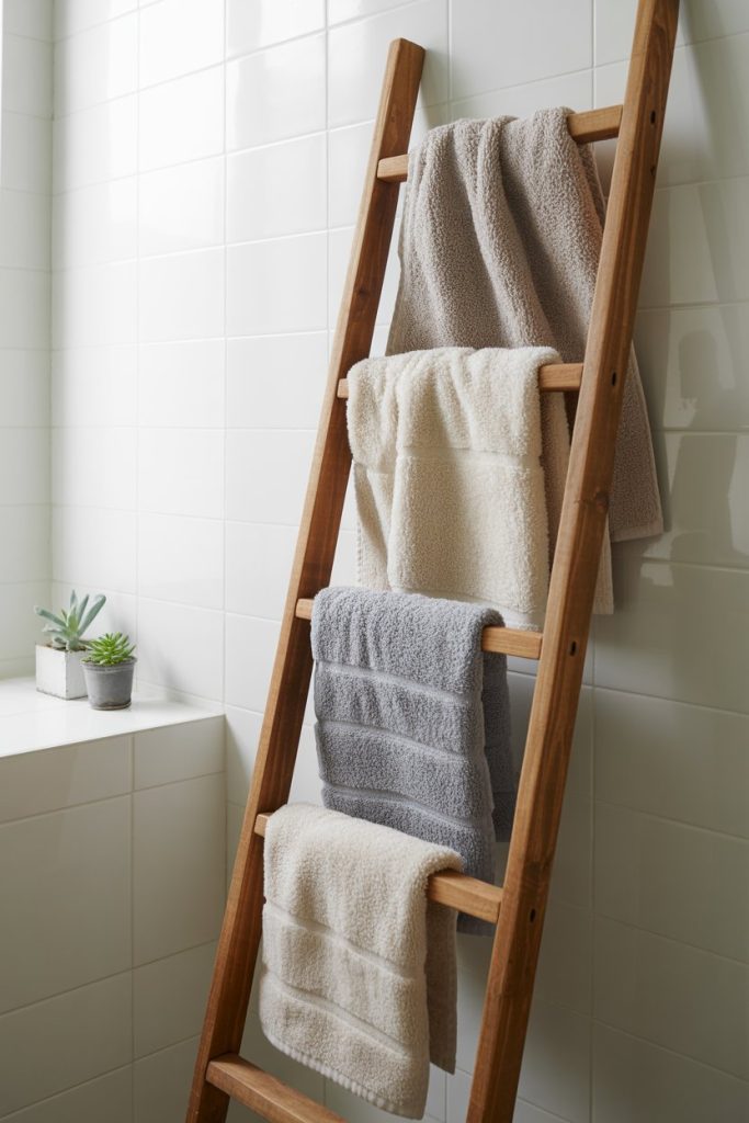 A wooden ladder leaning against a white tiled bathroom wall, used as a towel rack. Four textured towels in shades of beige, gray, and cream hang on the rungs. Two small potted succulents sit on a nearby ledge.