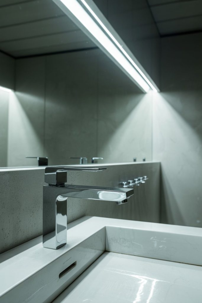 A modern bathroom with a sleek chrome faucet, rectangular white sink, and large mirror reflecting minimalist walls and overhead LED lighting.