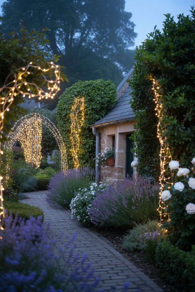 A charming garden path lined with lavender and white flowers leads to a stone cottage. Archways and greenery are adorned with warm fairy lights, creating a magical, twilight atmosphere.