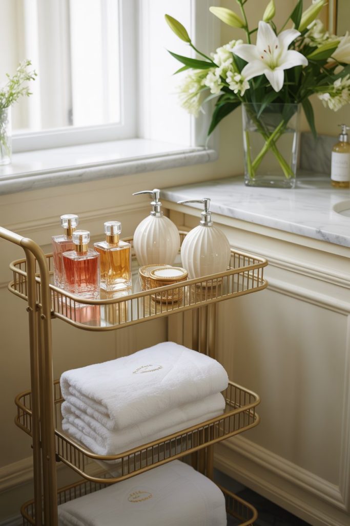 A gold bathroom cart with towels, perfume bottles, soap dispensers, and a candle stands beside a marble countertop. A vase of white lilies and greenery sits on the counter near a window.