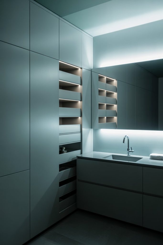 A modern bathroom with sleek cabinets, open shelves with soft accent lighting, a built-in sink, and a large illuminated mirror, all in minimalist gray tones.