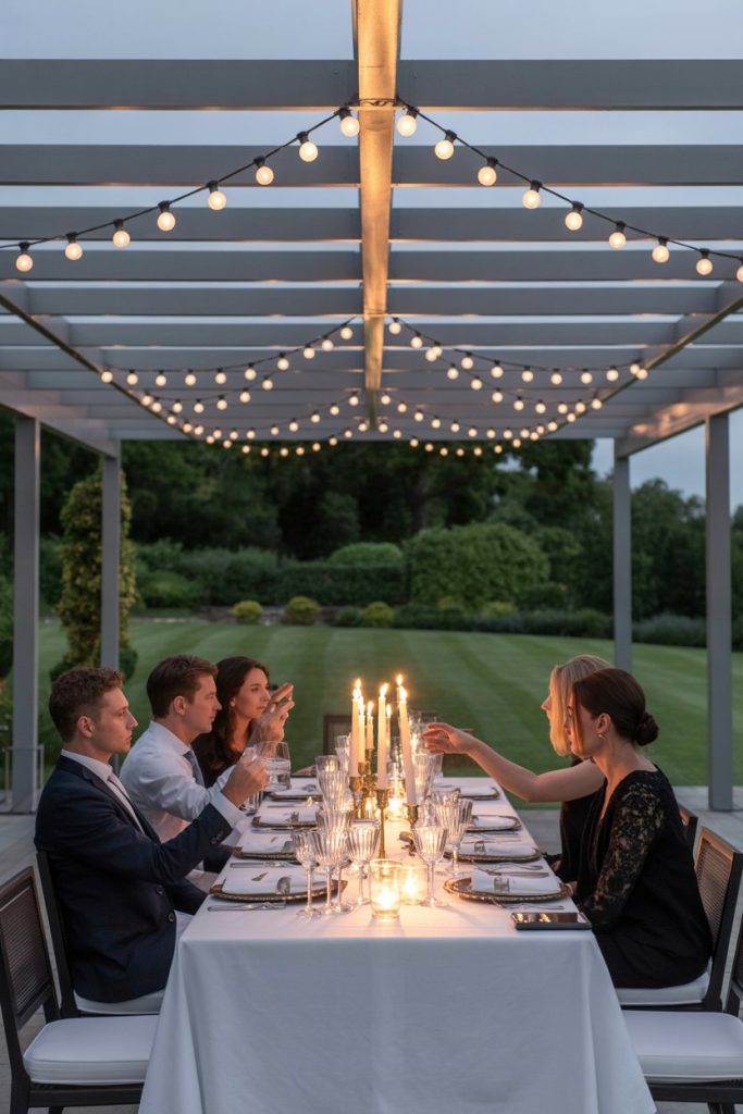 Five people dine outdoors at a long table under string lights and a pergola. The table is set with candles, glasses, and white linens, and the group is toasting. Lush green lawn and trees are visible in the background.