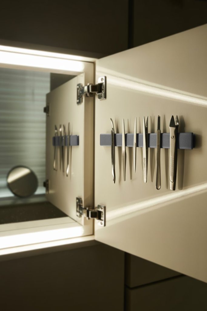 A mirrored bathroom cabinet door opens to reveal metal grooming tools, such as tweezers and nail clippers, neatly arranged on a magnetic strip attached to the inside of the door.