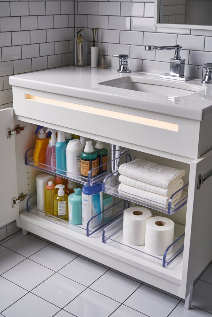 A bathroom sink cabinet with open doors reveals neatly organized cleaning supplies, towels, and toilet paper rolls on clear shelves. The countertop holds a soap dispenser and toothbrush holder.