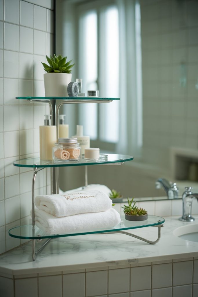 Three-tiered glass bathroom shelf holding a potted succulent, toiletries, skincare jars, a rolled white towel, and a small plant, set on a marble counter beside a tiled wall and a mirror.