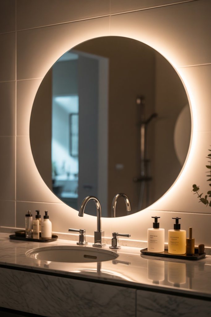 A modern bathroom vanity with a marble countertop, double faucets, and a large round mirror with a glowing backlight. Skincare bottles and a small plant are neatly arranged on trays beside the sinks.