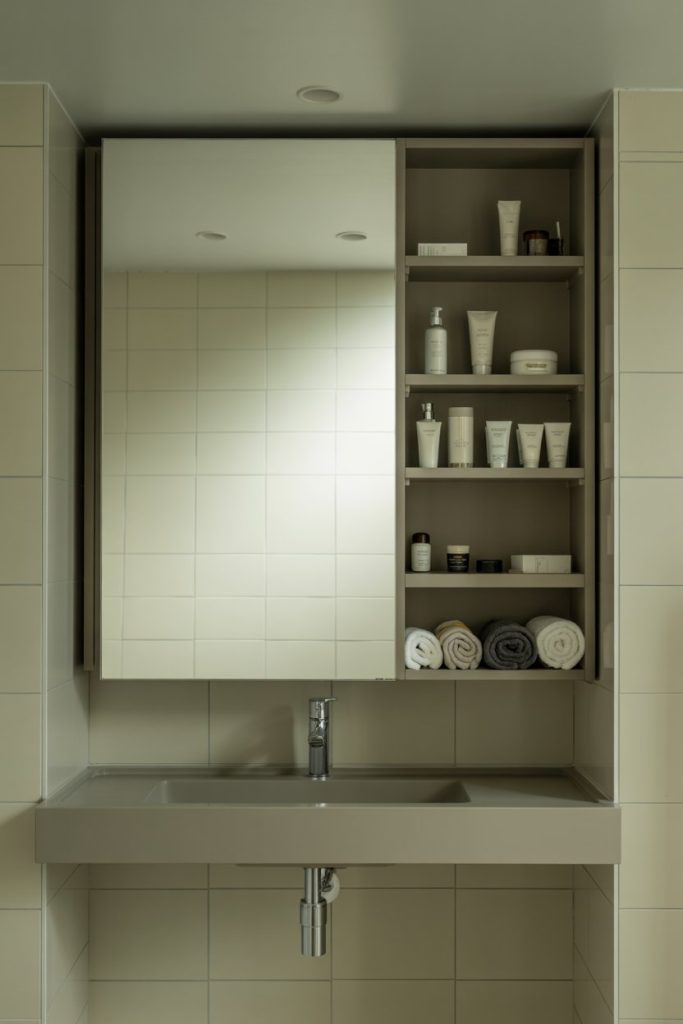 A modern bathroom with a mirrored cabinet above a wide sink. The cabinet door is partly open, revealing shelves with neatly arranged toiletries and rolled towels. The walls and tiles are light beige.